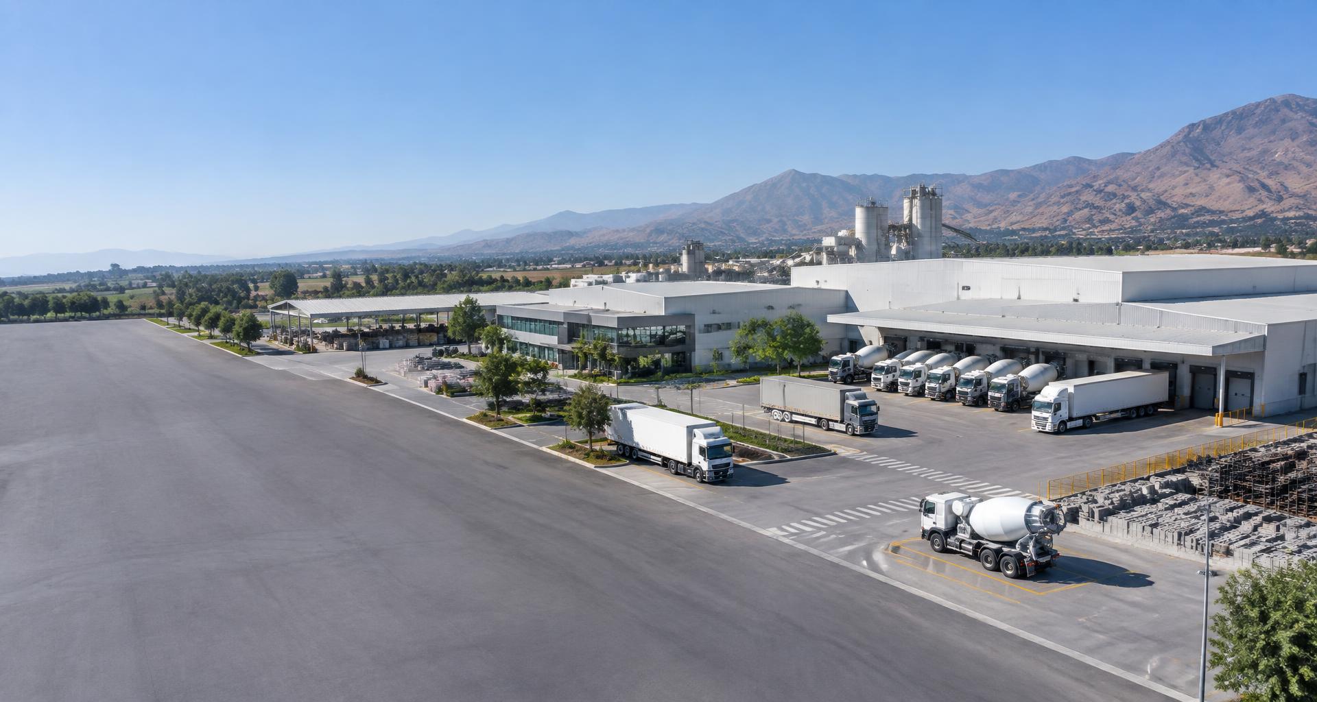 Planta y centro de distribución con camiones y áreas de carga